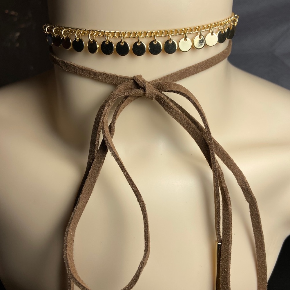 Brown and Gold  Wrap Bow Tie Choker Necklace